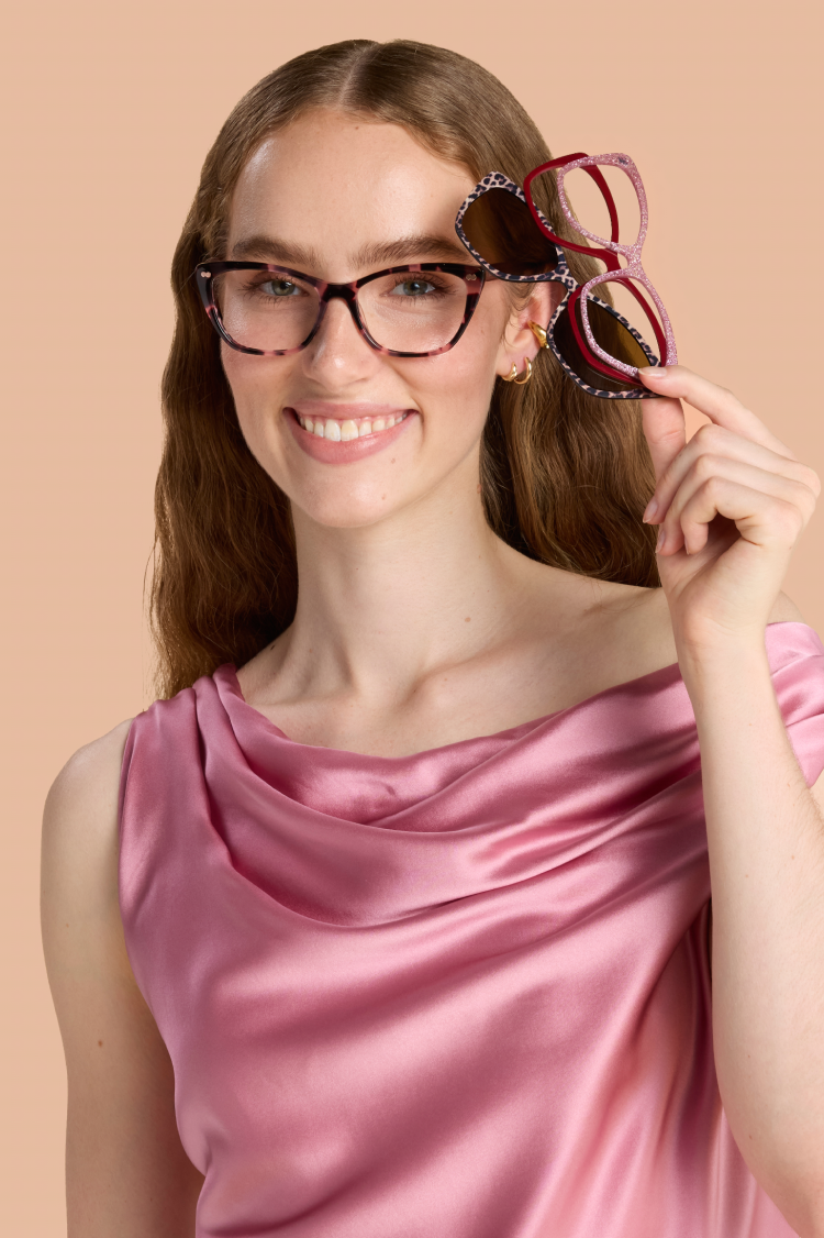 A woman wearing patterned Pair Eyewear frames and magnetic tops